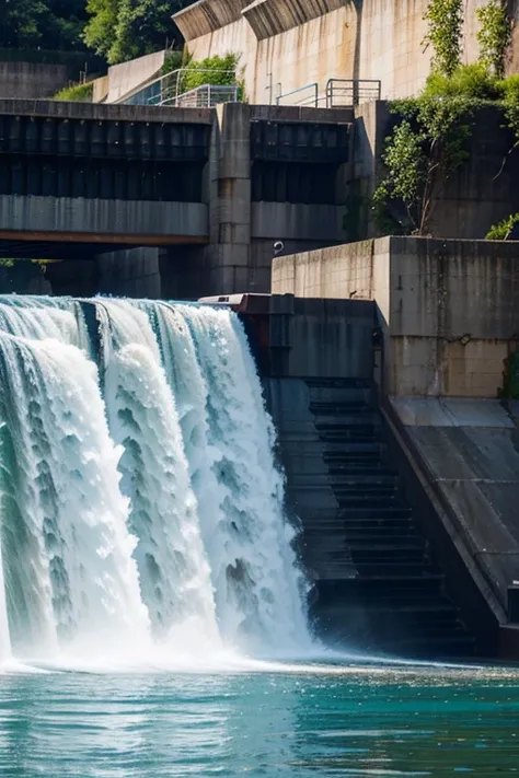 Picture of an electric dam, water power, blue + white tones