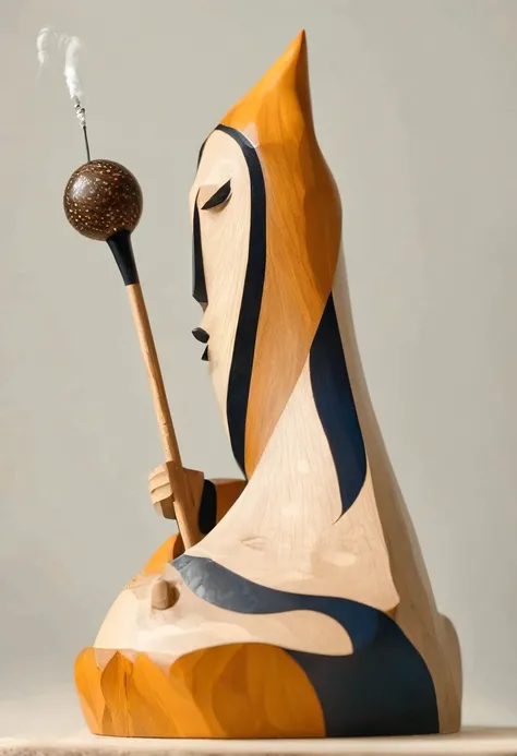 (Minimalist:4),(angular, wood block.),(log color:3),3D,wooden ornaments,modern art,(simple structure:1.5),polished,,wooden sculpture,wooden decoration,handmade,three-dimensional,lovely,woodwork, There is a wizard figurine holding a wand and ball,a cute and...