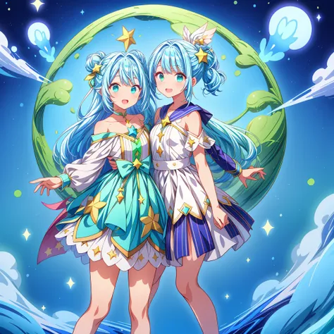 1girginal and unique cute hairstyle、Star Fairy、Star incarnation、Character design front view、A picture facing the viewer、(((Super detailed、Highest quality、Masterpiece)))、Original cute hairstyle、Milky white and blue hair color、Simple Green Background、vtuber-...