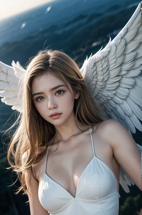 Realistic angel woman, anjo angelical, thinking about life in heaven, flying