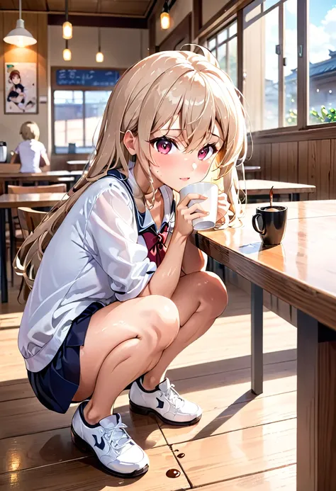 nsfw:1.9, anime girl sitting at a table with a cup of coffee, anime drawing by shitao, pixiv, sequential art, beautiful anime sc...