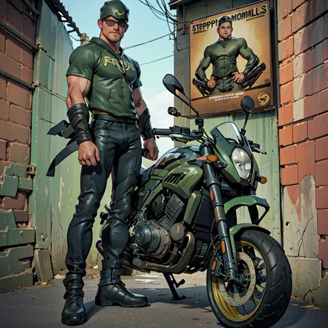 32k, high quality , detailed face , detailed hands , detailed muscles detailed motorcycle , (((stephen amell))) standing near his (((motorcycle 1.2))), posing in a street ,standing with spread legs, showing his muscles, shirtless wearing a very very low da...