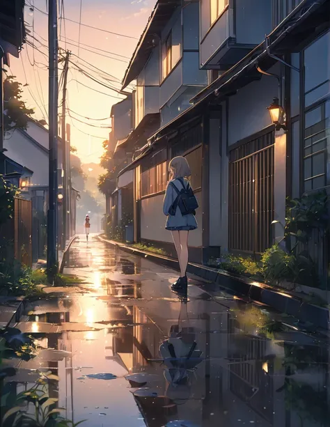 (Anime Style:1.4),A soft touch to painting、超High resolution, Attention to detail, high quality, High resolution, 最high quality, 4K, 8k,Road after the rain、evening、Puddle and girl&#39;s feet、Pastel color effect