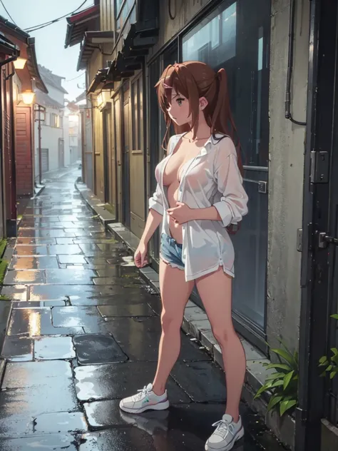 Girl, blue short, Unbuttoned Blouse, Blouse on a naked body,  You can see her breasts,  Bare breasts, chest visible, street  background, Narrow passage between houses, night, rain, slim body, In full growth, Sneakers , Bare breasts, She threw open her hand...