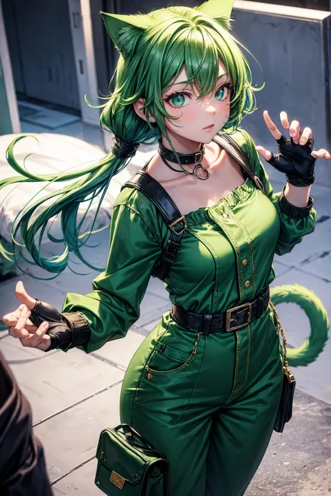 A cat girl, green hair, blue jumpsuit, fingerless gloves, green eyes