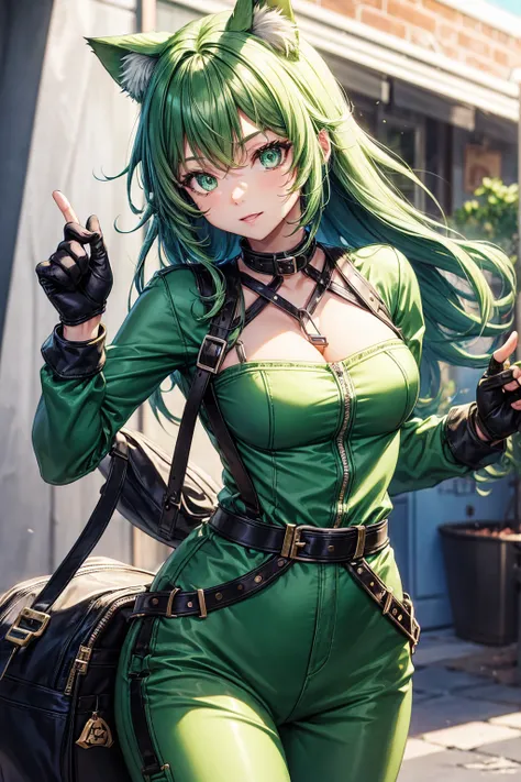 A cat girl, green hair, blue jumpsuit, fingerless gloves, green eyes