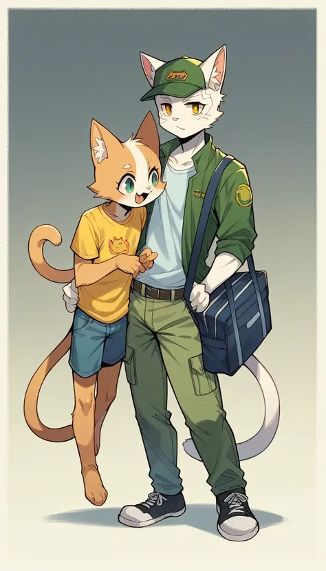 A cartoon style painting，The picture shows a kitten wearing a hat and carrying a school bag，Stand on the doorstep，The cat father and mother welcomed him with open arms，Wearing stylish fursona, Cat boy, Cute cat, Anthropomorphic cats, Hot topics on artstati...