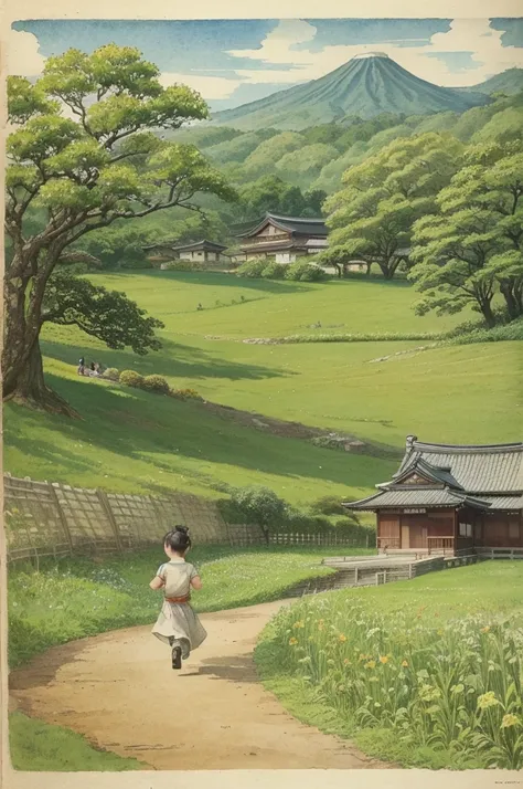 At a farmhouse in the Sengoku period of Japan、Discovering new leaves sprouting in the field、
From afar、Elementary school children、Running along the footpath of the field。
The illustrations are done in watercolors.、Faded Japanese paper