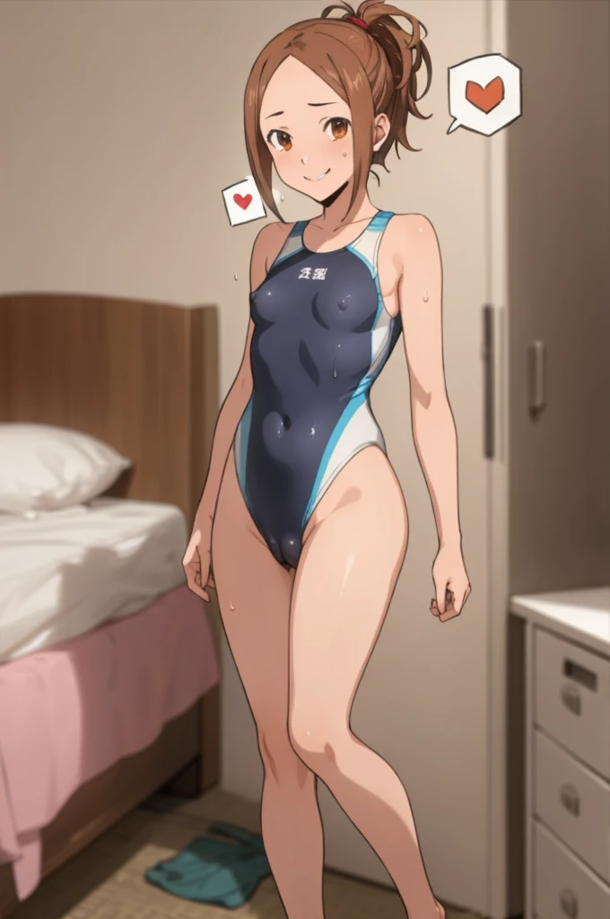 miyoshi kaya, light brown hair, high ponytail,small breasts, orange eyes, parted bangs, forehead,
 1girl,solo,looking at viewer, ,evil smile,race swimsuit,my room,(spoken heart),nsfw,sweating