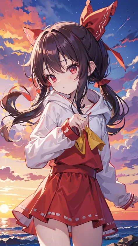 (Best image quality), Reimu Hakurei, sunset, hands back、ストリートキャップ、hoodie