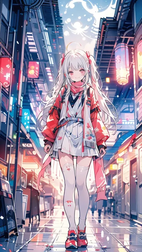 White hair, girl, twintails, red ribbon, night, uniform, scarf, red eyes, cute, big smile, moon, cigarette, back alley