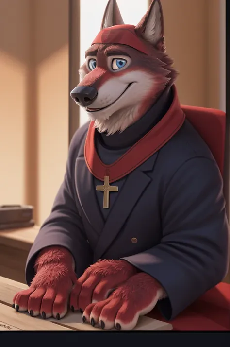 Joachim Wolfbach (Zootopia),tall handsome, wolf,young, 24 years, brown fur,(red body:1.3),Blue eyes, Moscow Dressed,red cassock, red headdress, Catholic priest of the Roman Catholic Church, canine, wolf, detailed fur, Male, antro, paw pads, finger claws,Pr...