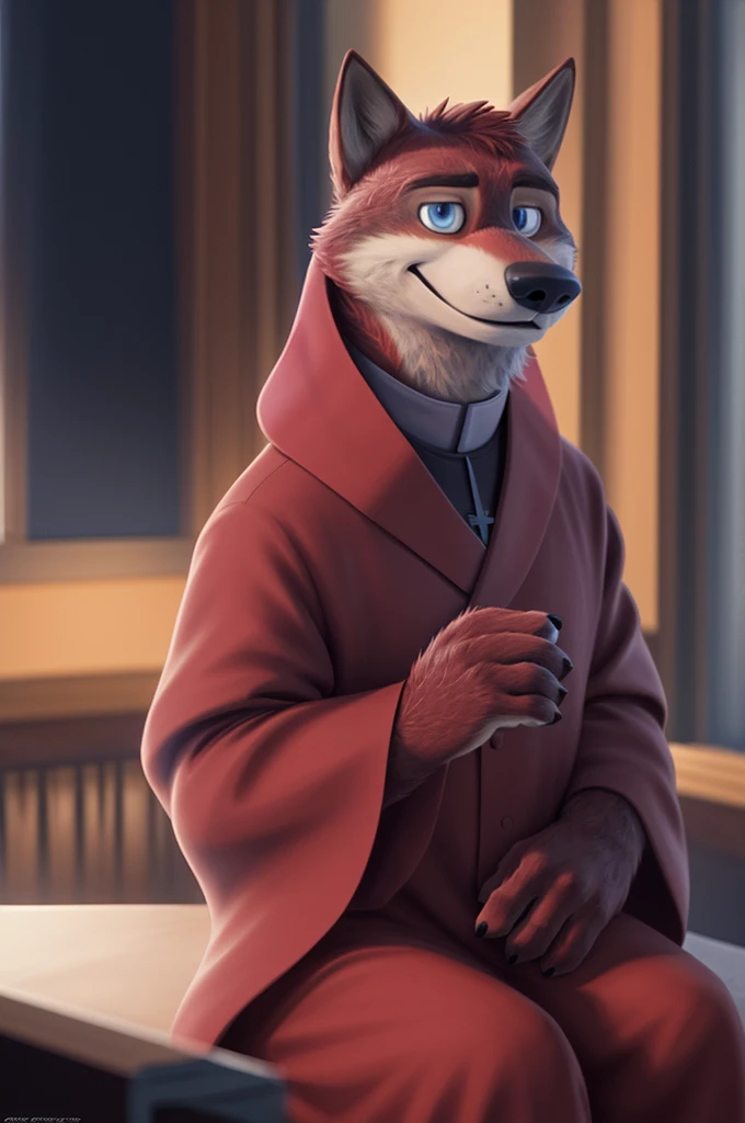 Joachim Wolfbach (Zootopia),tall handsome, wolf,young, 24 years, brown fur,(red body:1.3),Blue eyes, Moscow Dressed,red cassock, red headdress, Catholic priest of the Roman Catholic Church, canine, wolf, detailed fur, Male, antro, paw pads, finger claws,Pr...