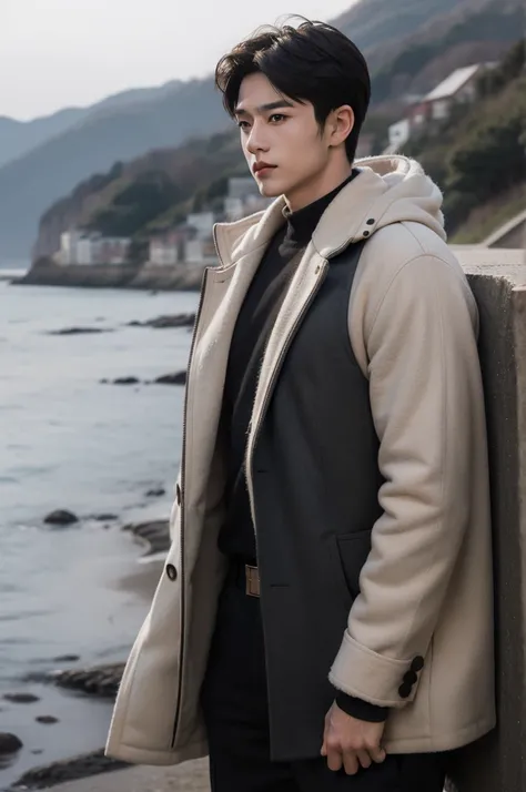 handsome male,big muscle,crew cut,soft light dark academia,outfits,winter,seaside