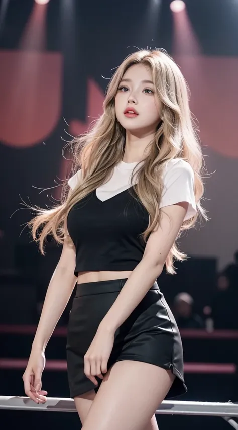 Girl with long wavy blonde hair and grey eyes , Big Lips、Pink Cheeks、very beautiful、A realistic version of a stunning body、Latin Face、whole body、Perfect Face、22 years old、Wearing a short skirt, Black top shirt and black long boots, She is singing at the co...