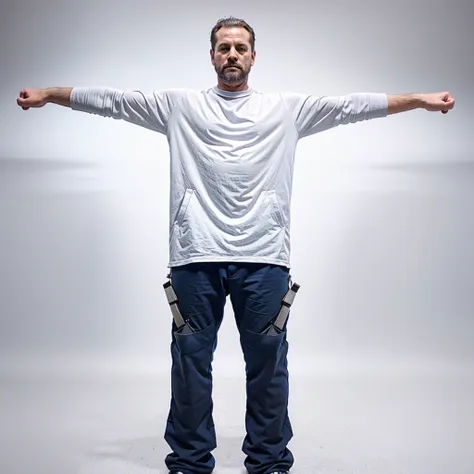 janitor standing at full height with his hands spread out to the sides on a white background