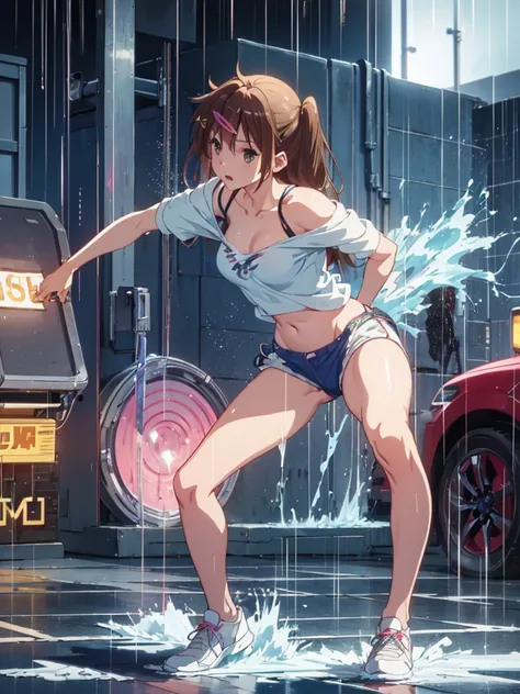 Girl, blue short, Unbuttoned Blouse, Blouse on a naked body,  You can see her breasts,  Bare breasts, chest visible, carwash background, night, rain, slim body, In full growth, Sneakers , Bare breasts, She threw open her hands, small breast 