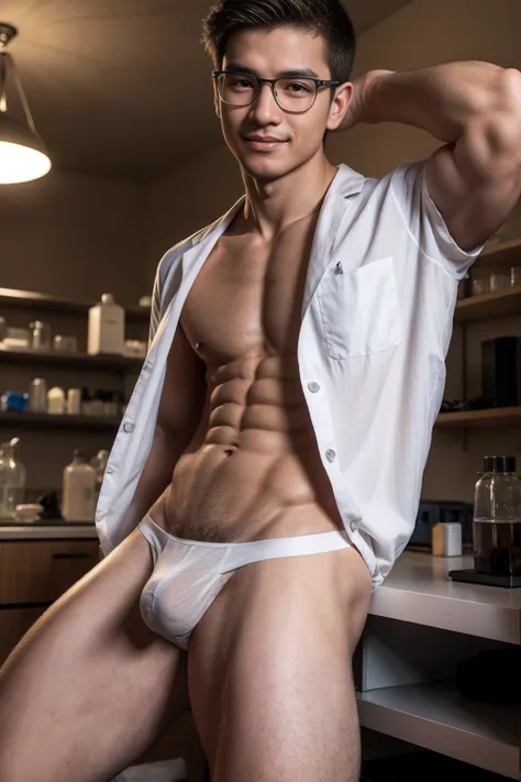 boy, (Brown Eyes), happy smile,Chinese boy,16 years old,Wear glasses,man hot nerd,young, firm body, slender, skinny boy body build build, child-like,White Teenage boy,Close-up photo,full body photo ,RAW Photo,photo of a hansome man,alpha male, huge biceps,...