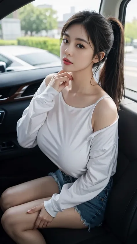 ((huge breasts 아래)), (Straight shoulder-length hair: 1.2), black hair,short ponytail，upper body, （very detailed CG 8k 벽지），（Incredibly stylish and beautiful.），（masterpiece），（best quality：1.0），（초high resolution：1.0），A beautiful light came in，Perfect 번개，Reali...