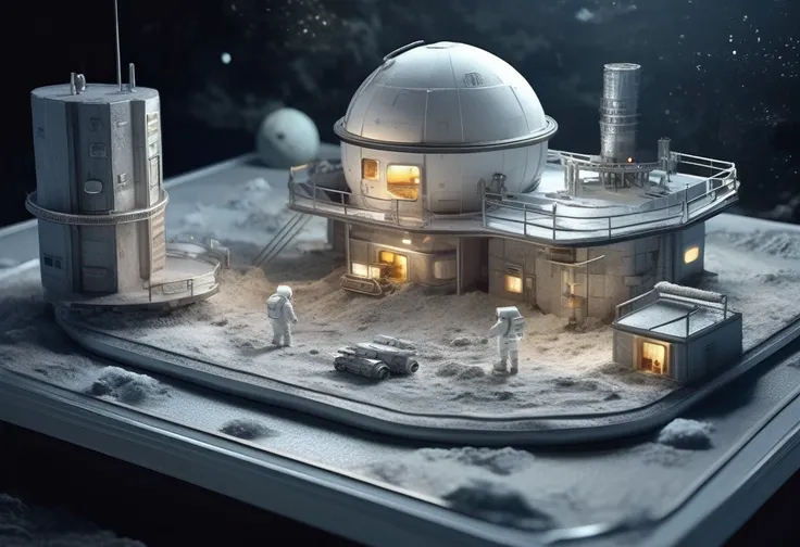 artist's rendering of a lunar space station miniature model, detailed matte painting, inspired by cg association competition win...