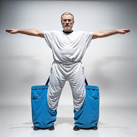 old russian janitor standing at full height with his arms spread out to the sides on a white background