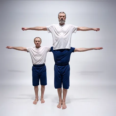 old russian janitor standing at full height with his arms spread out to the sides on a white background