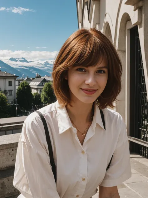 Emily Richardson, 1girl, solo, (((consistent face and image))), ((20 years old)), realistic, photorealistic, (red cranky hair), short hair, (((Caucasian mature woman))), (Swiss woman), (Swiss nose), (Swiss thick lips), posing outside the Iconic landmark, p...