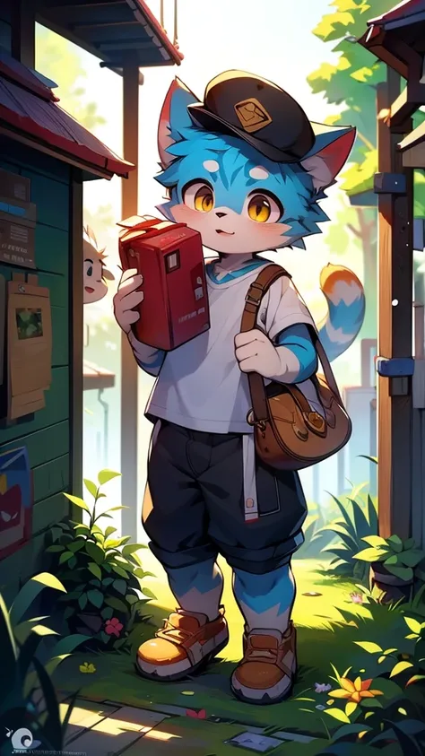 A cartoon style painting，The picture shows a kitten wearing a hat and carrying a school bag，Stand on the doorstep，His cat dad and mom greeted him with open arms，Wearing stylish fursona, Cat boy, Cute cat, Anthropomorphic cats, Hot topics on artstation pixi...