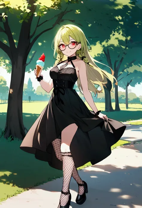 1 girl, lime long hair, two braids, Red eyes, Glasses, black gothic dress, fishnet stockings, Short, medium breast, outdoors, park, holding icecream, smiling