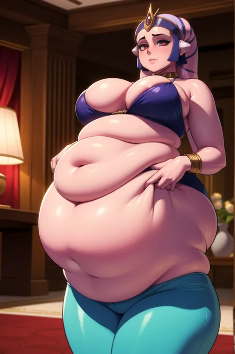 Twilek, 1woman, Magenta colored skin,  Magenta skin, Arabian dancer, chubby, curvy, two long blue lekku, embarrassed, overweight, fat belly, embarrassed about her weight, thick thighs, wide hips, large breasts, wide, rotund, two lekku. inside a palace.