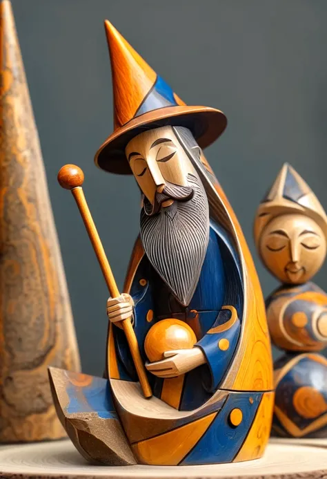 (Minimalist:4),(angular, wood block.),(log color:3),3D,wooden ornaments,modern art,(simple structure:1.5),polished,,wooden sculpture,wooden decoration,handmade,three-dimensional,lovely,woodwork, There is a wizard figurine holding a wand and ball,a cute and...