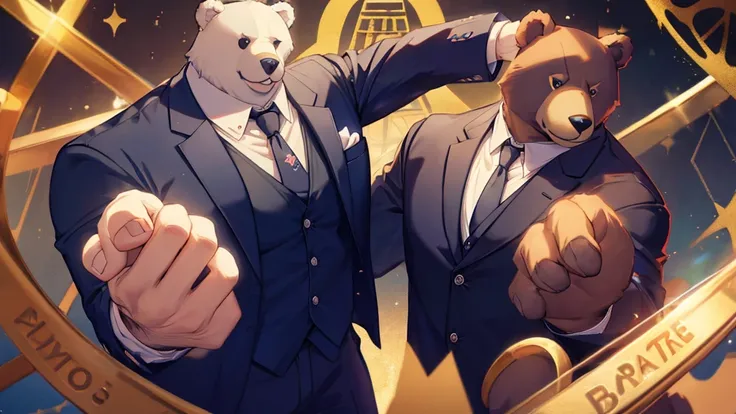 cartoon bear、anthropomorphic bear、big body、black vest、shirt、tie、コーヒーを淹れる