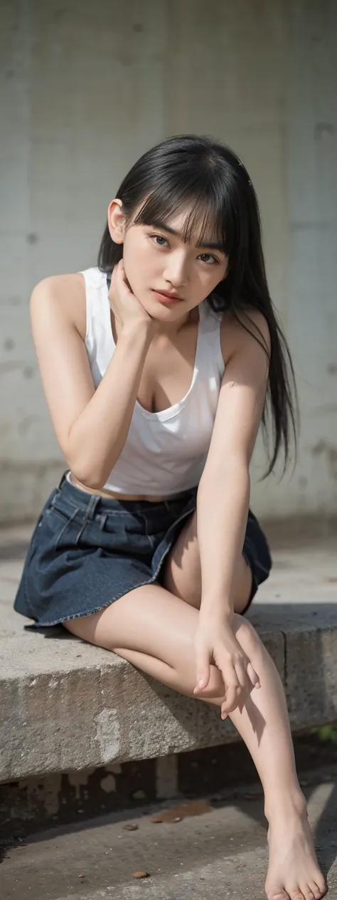 open shirt, (((leaning forward))), ((,round face, around 17 years old,mini skirt、loose tank top)),  long hair, , natural makeup,...