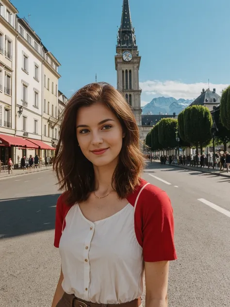 Emily Richardson, 1girl, solo, (((consistent face and image))), ((20 years old)), realistic, photorealistic, (red cranky hair), short hair, (((Caucasian mature woman))), (Swiss woman), (Swiss nose), (Swiss thick lips), posing outside the Iconic landmark, p...