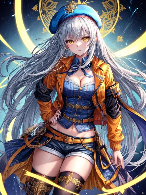 official style, game cg, anis (nikke), goddess of victory: nikke, very aesthetic, best quality, intricate, overall detail, 1 girl, yellow eyes, beret, orange jacket, open jacket, cleavage, short shorts, thighhighs, standing, simple background, looking at v...