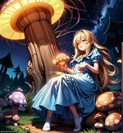 (masterpiece, top quality, best quality), pixel,pixel art, beautiful blonde woman with big messy hair, Alice in Wonderland, holding a glowing mushroom in her hands with colorful stars, sitting on a giant glowing mushroom 
 