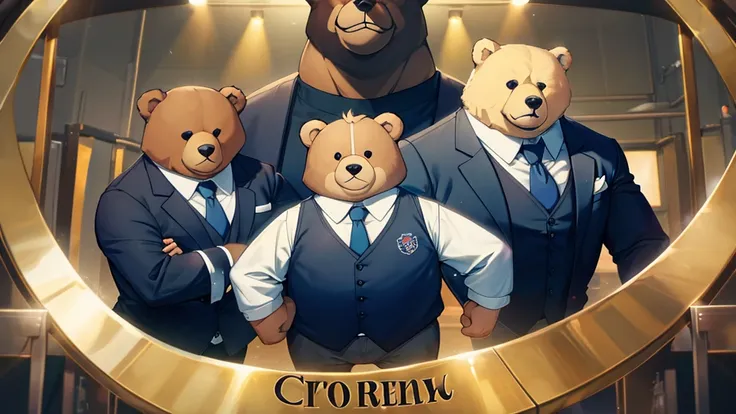 cartoon bear、anthropomorphic bear、big body、black vest、shirt、tie、コーヒーを淹れる