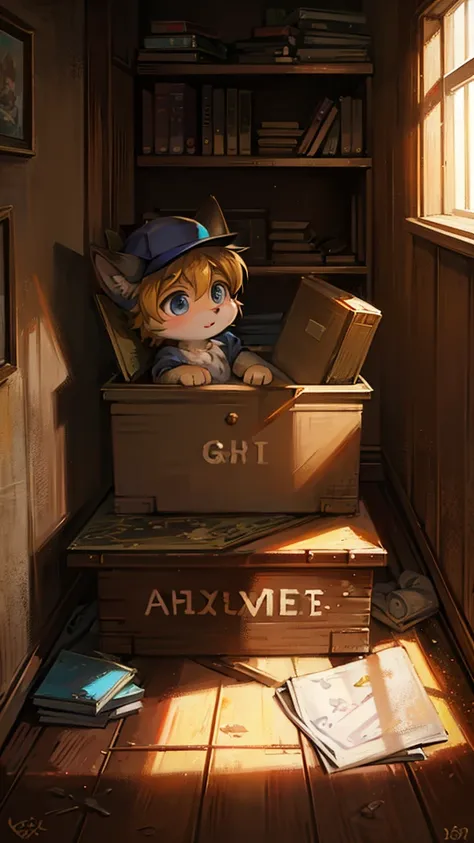 A cartoon style painting，The painting shows a kitten wearing a hat in the attic，Open an old box，There&#39;s a lot of cash in the box., Cat boy, Cute cat, Anthropomorphic cats, Hot topics on artstation pixiv, Full body high-grade white, High-quality anime a...