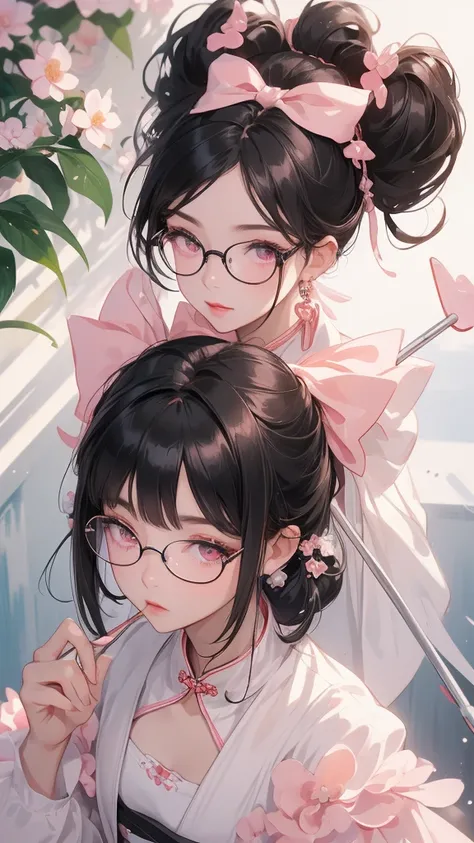 bblack hair, , (( round glasses )) (light pink eyes), ((white bows in the hair)), imperial chinese hairstyle, gorgeous face, loo...