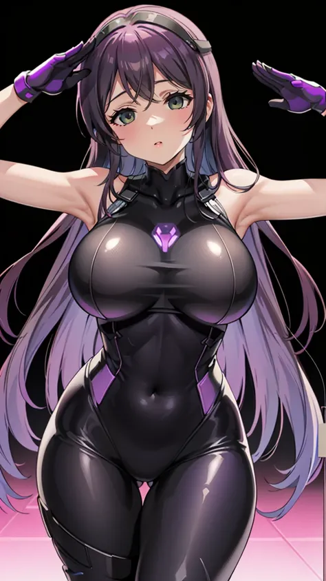 1 girl,Browsing Caution,Nozomi Tojo, (lovelive), VR Visor, clavicle, Absurd, brainwashing,Combatant, Hollow Eyes,((Purple glowing eyes 1.5)), ( Huge breasts ), ((stand up, One-handed salute)), Expressionless, Emotions are removed,((Black bodysuit)),avert y...