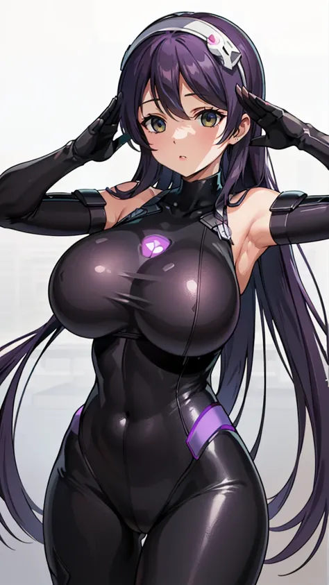 1 girl,Browsing Caution,Nozomi Tojo, (lovelive), VR Visor, clavicle, Absurd, brainwashing,Combatant, Hollow Eyes,((Purple glowing eyes 1.5)), ( Huge breasts ), ((stand up, One-handed salute)), Expressionless, Emotions are removed,((Black bodysuit)),avert y...