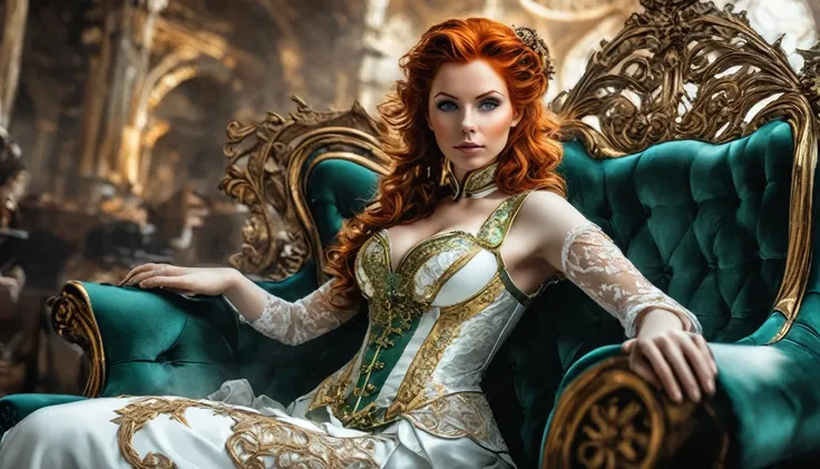 photo, 8k ((surréaliste)) statue d'une sublime femme rousse steampunk en marbre blanc alangui sur un sofa, plan large, corps ent...