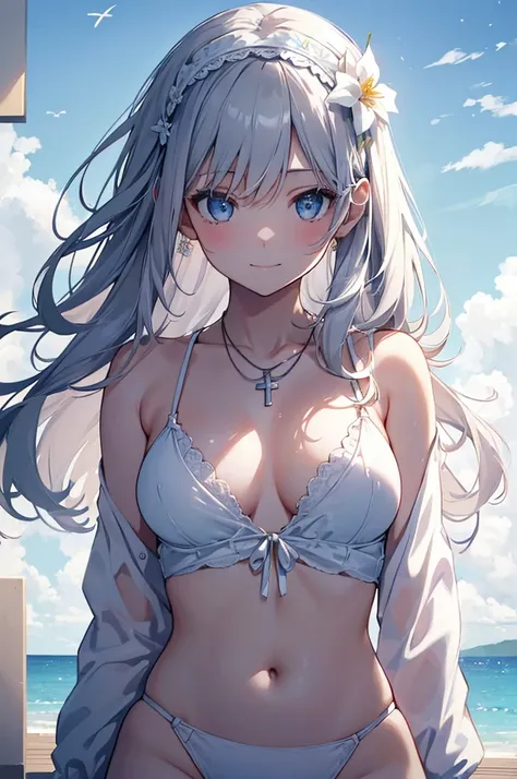 (girl kawaii)), a extremely delicate and beautiful girl, beautifully painted, cute, sense of digital, best detailed girl, lying on the lake, wet, girl, young, long hair blown up, Hair with flower, (grey hair), cute face, (smile), complex details beautiful ...