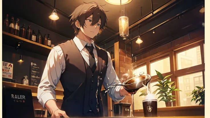 anthropomorphic bear、black vest、shirt、tie、pouring coffee、coffee shop