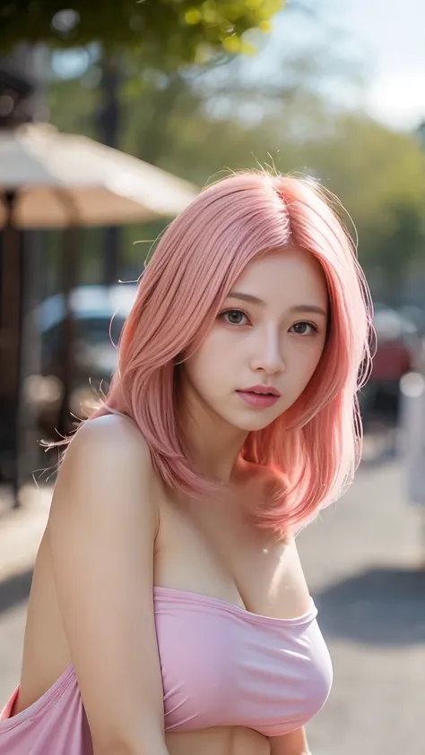 (bottomless :1.3),Highest quality, masterpiece, High resolution, One Girl, Super beautiful face, Very beautiful eyes, Very beautiful pink hair，Trendy clothes，Expose your shoulders