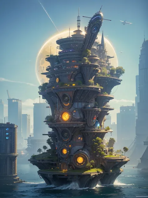 big city, floating in the sky, with many different buildings, solarpunk village, SolarPunk Architecture, sunny punk city, futuristic utopia in solar punk, inspired by Stéphane Martiniere, inspired by Stéphane Martiniere, Colorful sci-fi steampunk, Solarpun...