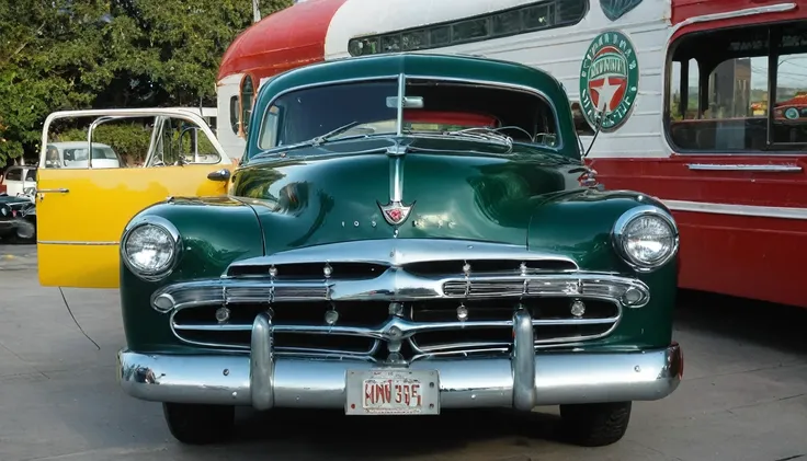 1952 Dodgel Kingsway, STAR WHEEL, WIDE WHEEL, British racing green COLOR, LIGHTED HEADLIGHTS, DARK WINDOWS, parked outside of a milk bart