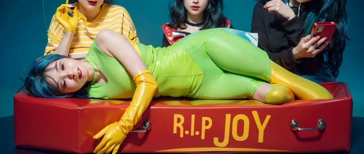 This image depicts a striking and colorful scene involving four characters. At the center, a woman with vibrant blue hair lies inside a red box with the words "R.I.P JOY" written on it. She is dressed in a vivid neon green dress paired with yellow gloves, ...