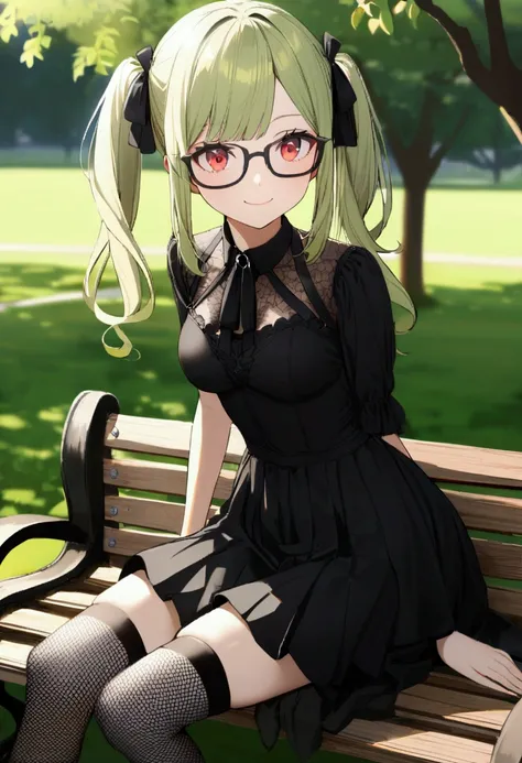 1girl, lime long hair, two pigtails, red eyes, glasses, black gotchic dress, mesh stockings, short, medium breasts, in park, sir on bench, smile