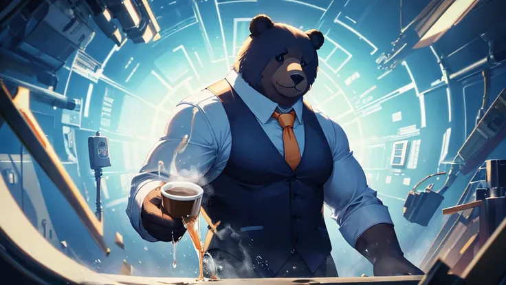 Cartoon Bear、Anthropomorphic Bear、Big body、Black vest、shirt、tie、Pouring coffee, Surrealism, UHD, accurate, anatomically correct, super detail, best quality, highres, 8k